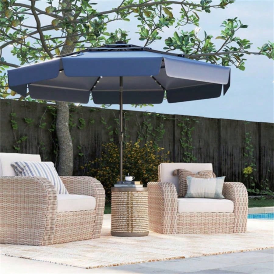 10 foot navy terrace with powered LED lights and multi - layered ventilated roof