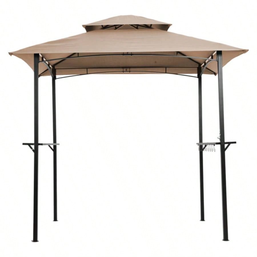 Outdoor Grill Gazebo 8x 5 Ft, Shelter Tent, Double Tier Soft Top Canopy and Steel Frame with hook and Bar Counters, Khaki