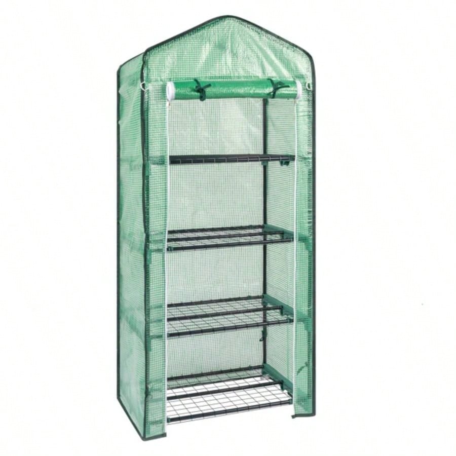 69x49x160cm Black Iron Pipe Pointed Flower Stand With 4 Layers Of Grid, With Zipper Rolling Door, PE Cloth Green House