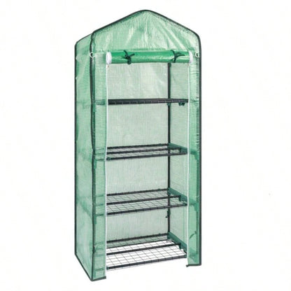 69x49x160cm Black Iron Pipe Pointed Flower Stand With 4 Layers Of Grid, With Zipper Rolling Door, PE Cloth Green House
