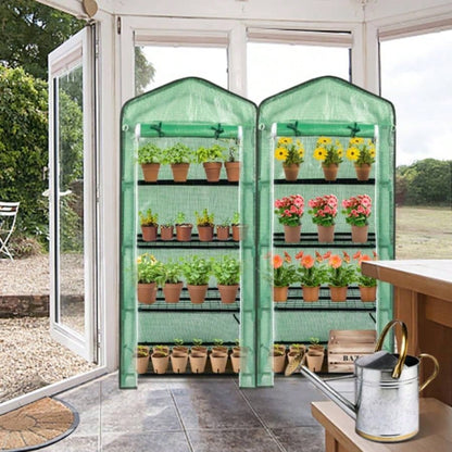 69x49x160cm Black Iron Pipe Pointed Flower Stand With 4 Layers Of Grid, With Zipper Rolling Door, PE Cloth Green House