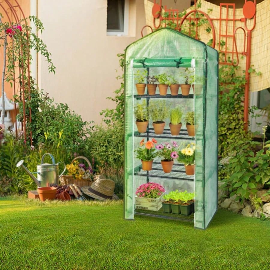 69x49x160cm Black Iron Pipe Pointed Flower Stand With 4 Layers Of Grid, With Zipper Rolling Door, PE Cloth Green House