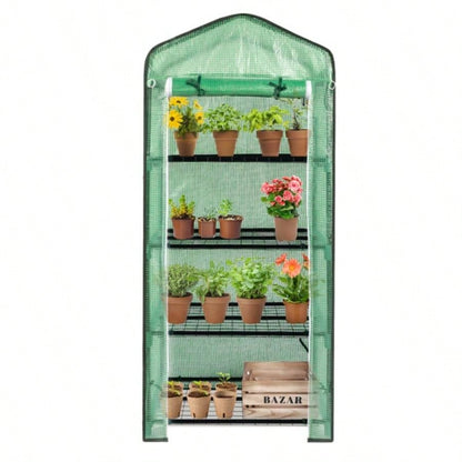 69x49x160cm Black Iron Pipe Pointed Flower Stand With 4 Layers Of Grid, With Zipper Rolling Door, PE Cloth Green House