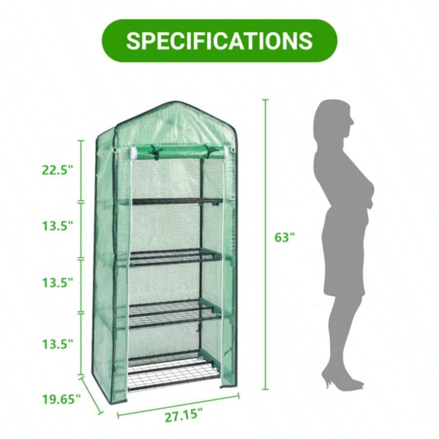 69x49x160cm Black Iron Pipe Pointed Flower Stand With 4 Layers Of Grid, With Zipper Rolling Door, PE Cloth Green House