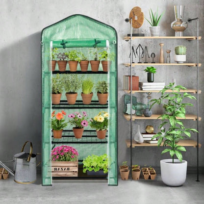 69x49x160cm Black Iron Pipe Pointed Flower Stand With 4 Layers Of Grid, With Zipper Rolling Door, PE Cloth Green House
