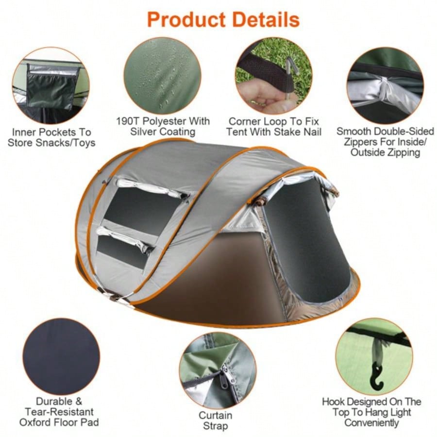 5 - 8 Person Up Tent Automatic Setup Camping Tent Waterproof Instant Setup Tent with 4 Mosquito Net Carrying Bag Hiking Climbing Adventure Fishing