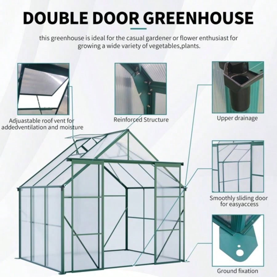 8X6FT - Green Double Door Polycarbonate Greenhouse Raised Base and Anchor Aluminum Heavy Duty Walk - in Greenhouses Outdoor Backyard in All Season