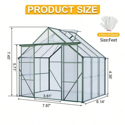 8X6FT - Green Double Door Polycarbonate Greenhouse Raised Base and Anchor Aluminum Heavy Duty Walk - in Greenhouses Outdoor Backyard in All Season