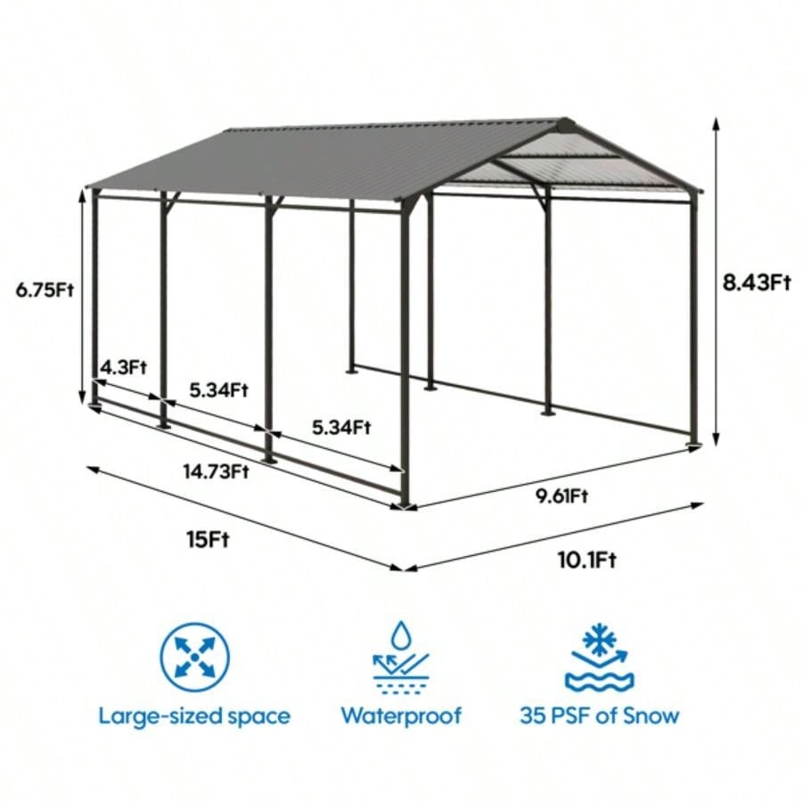 Metal Carport 10 215; 15 FT Heavy Duty with Galvanized Steel Roof, Metal Garage Canopy with Galvanized Steel Roof Frame, Car Tent Outdoor Storage Shed Car, Boats and Truck, Gray