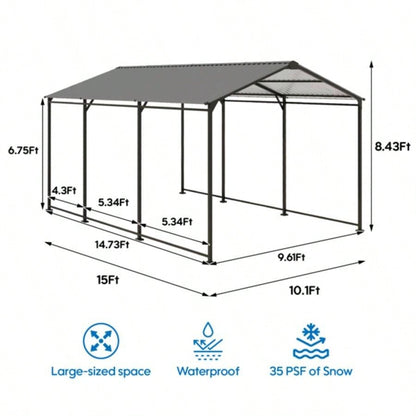 Metal Carport 10 215; 15 FT Heavy Duty with Galvanized Steel Roof, Metal Garage Canopy with Galvanized Steel Roof Frame, Car Tent Outdoor Storage Shed Car, Boats and Truck, Gray