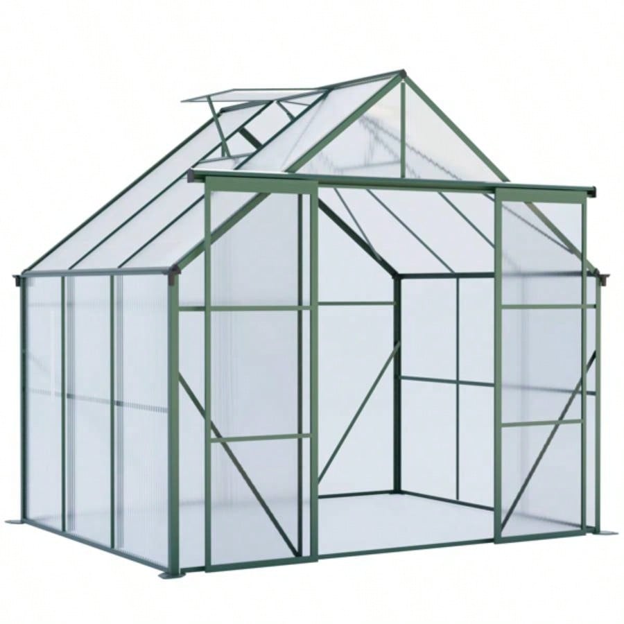 8X6FT - Green Double Door Polycarbonate Greenhouse Raised Base and Anchor Aluminum Heavy Duty Walk - in Greenhouses Outdoor Backyard in All Season
