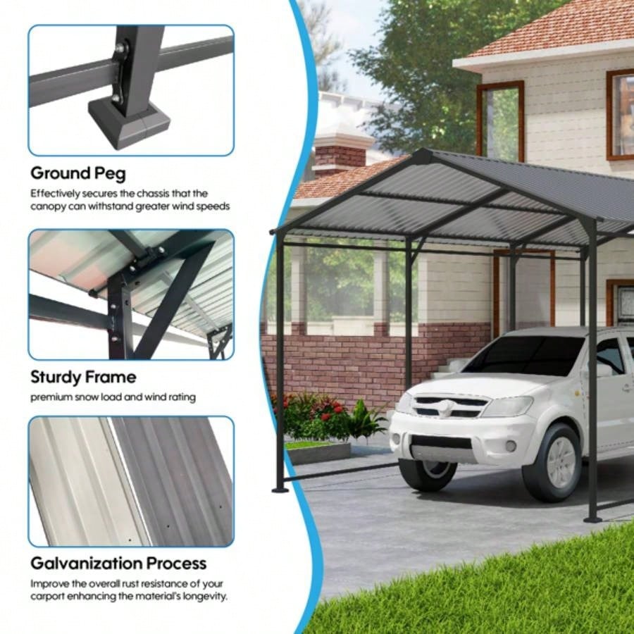 Metal Carport 10 215; 15 FT Heavy Duty with Galvanized Steel Roof, Metal Garage Canopy with Galvanized Steel Roof Frame, Car Tent Outdoor Storage Shed Car, Boats and Truck, Gray