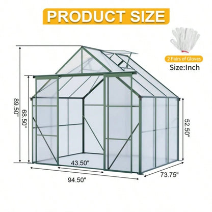 8X6FT - Green Double Door Polycarbonate Greenhouse Raised Base and Anchor Aluminum Heavy Duty Walk - in Greenhouses Outdoor Backyard in All Season