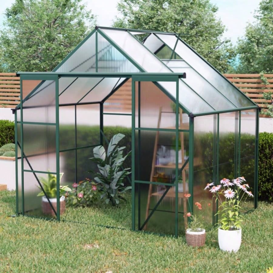 8X6FT - Green Double Door Polycarbonate Greenhouse Raised Base and Anchor Aluminum Heavy Duty Walk - in Greenhouses Outdoor Backyard in All Season
