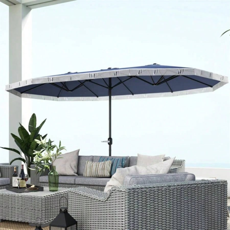 15ft Blue Patio UPF30+ Outdoor with Fringe and Crank Handle