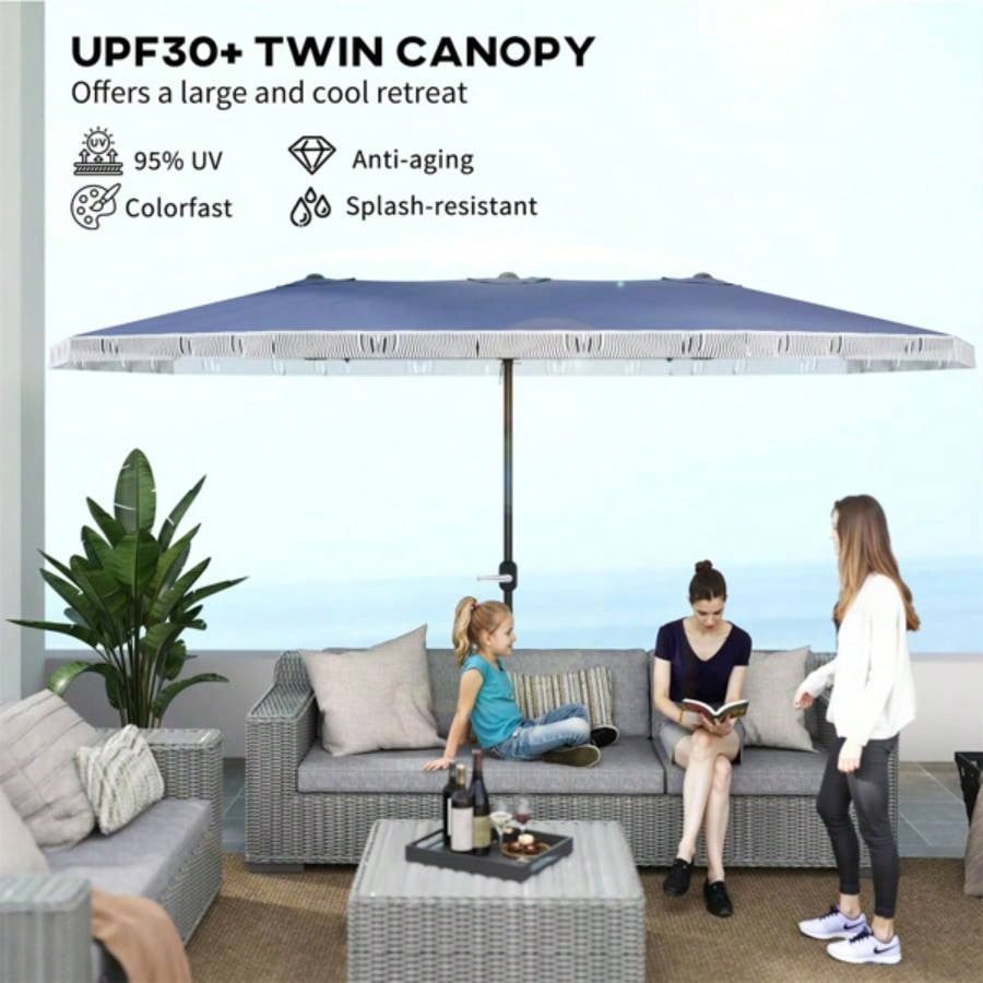 15ft Blue Patio UPF30+ Outdoor with Fringe and Crank Handle