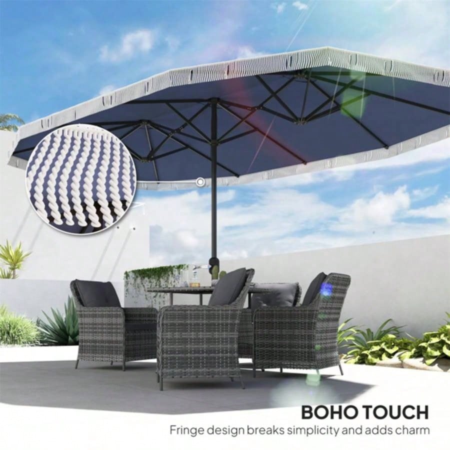 15ft Blue Patio UPF30+ Outdoor with Fringe and Crank Handle