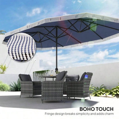 15ft Blue Patio UPF30+ Outdoor with Fringe and Crank Handle