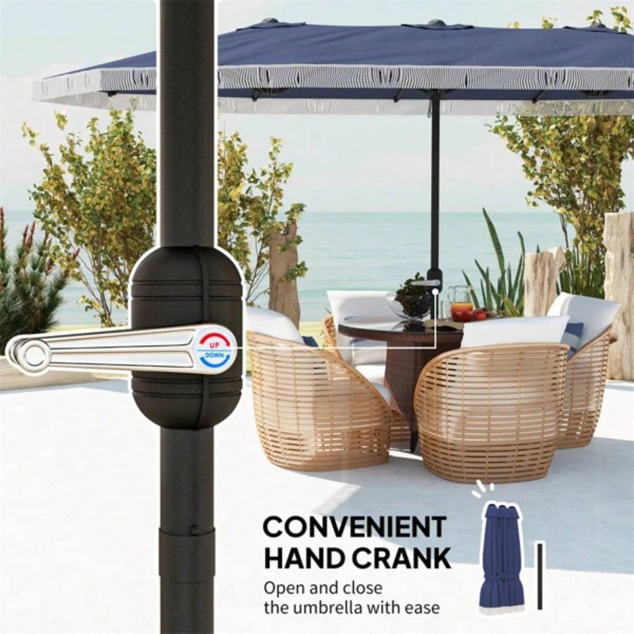 15ft Blue Patio UPF30+ Outdoor with Fringe and Crank Handle