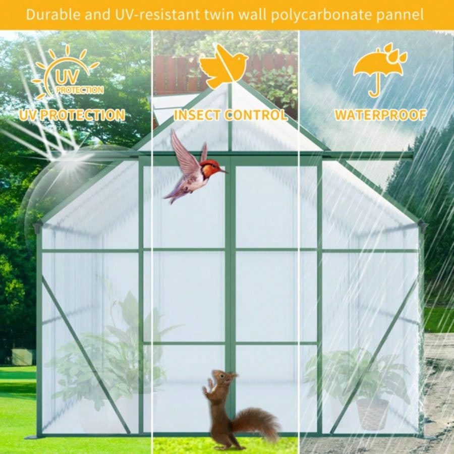 8x8 FT Double Door Polycarbonate Greenhouse Raised Base and Anchor Aluminum Heavy Duty Walk - in Greenhouses Outdoor Backyard in All Season, Green