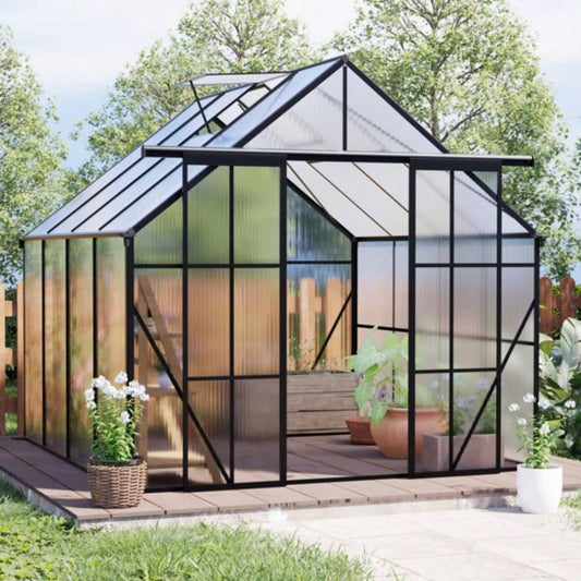 8x8 FT Double Door Polycarbonate Greenhouse Raised Base and Anchor Aluminum Heavy Duty Walk - in Greenhouses Outdoor Backyard in All Season, Black