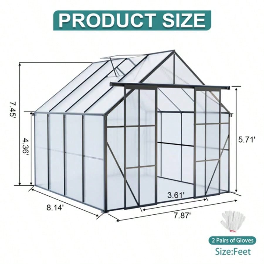 8x8 FT Double Door Polycarbonate Greenhouse Raised Base and Anchor Aluminum Heavy Duty Walk - in Greenhouses Outdoor Backyard in All Season, Black