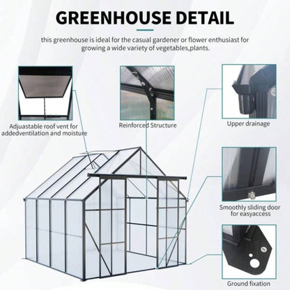 8x8 FT Double Door Polycarbonate Greenhouse Raised Base and Anchor Aluminum Heavy Duty Walk - in Greenhouses Outdoor Backyard in All Season, Black