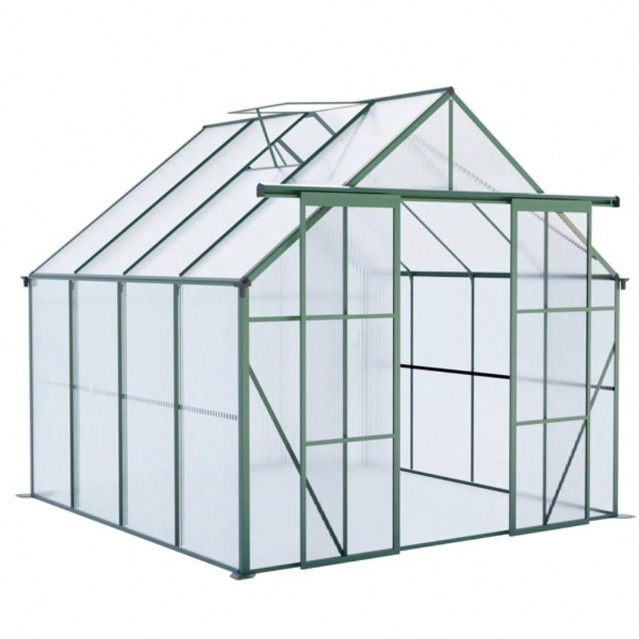 8x8 FT Double Door Polycarbonate Greenhouse Raised Base and Anchor Aluminum Heavy Duty Walk - in Greenhouses Outdoor Backyard in All Season, Green