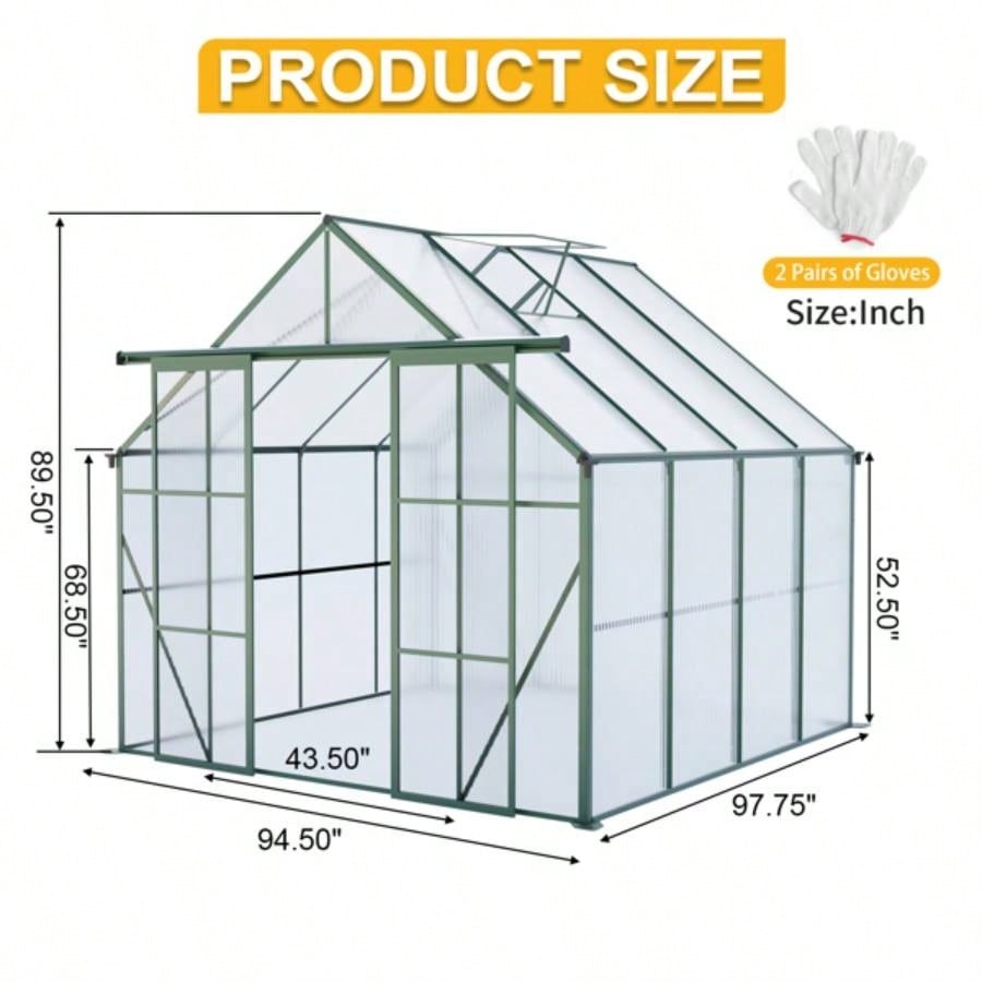 8x8 FT Double Door Polycarbonate Greenhouse Raised Base and Anchor Aluminum Heavy Duty Walk - in Greenhouses Outdoor Backyard in All Season, Green
