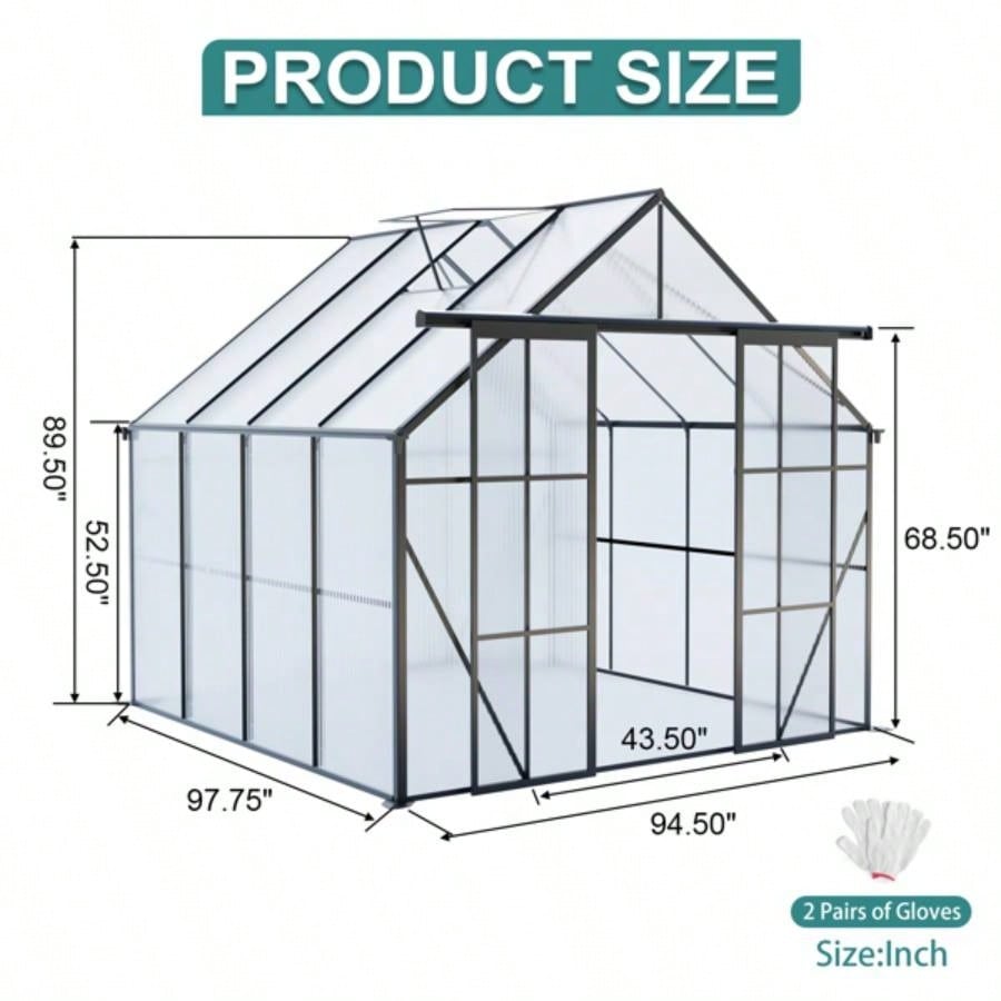 8x8 FT Double Door Polycarbonate Greenhouse Raised Base and Anchor Aluminum Heavy Duty Walk - in Greenhouses Outdoor Backyard in All Season, Black