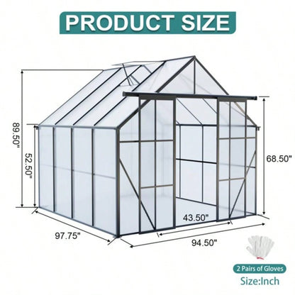 8x8 FT Double Door Polycarbonate Greenhouse Raised Base and Anchor Aluminum Heavy Duty Walk - in Greenhouses Outdoor Backyard in All Season, Black