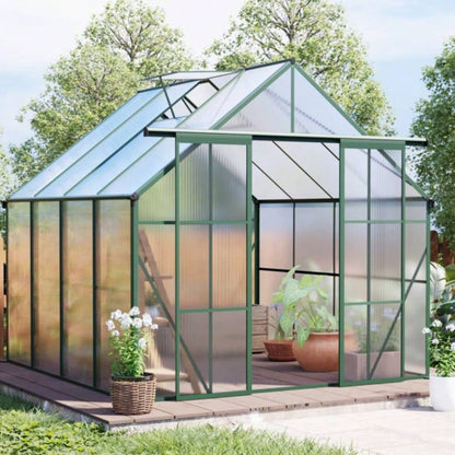 8x8 FT Double Door Polycarbonate Greenhouse Raised Base and Anchor Aluminum Heavy Duty Walk - in Greenhouses Outdoor Backyard in All Season, Green