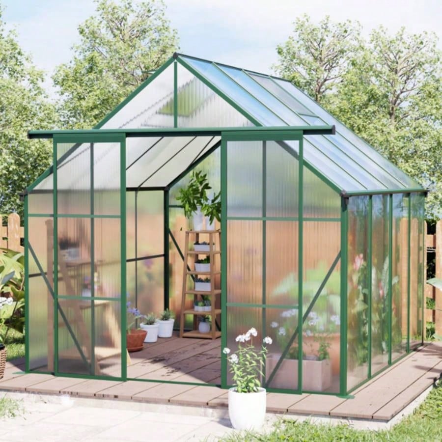 8x8 FT Double Door Polycarbonate Greenhouse Raised Base and Anchor Aluminum Heavy Duty Walk - in Greenhouses Outdoor Backyard in All Season, Green