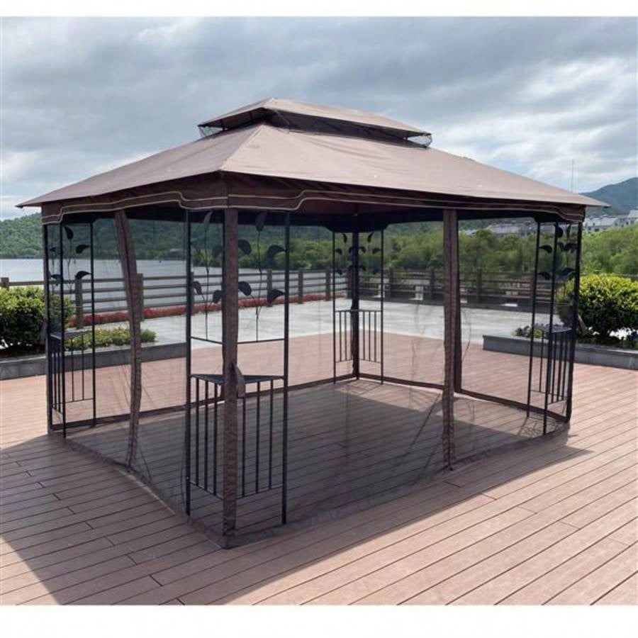 13x10 Outdoor Patio Gazebo Canopy Tent With Ventilated Double Roof And Mosquito netDetachable Mesh Screen On All SidesSuitable Lawn, Garden, Backyard and Deck, Brown Top
