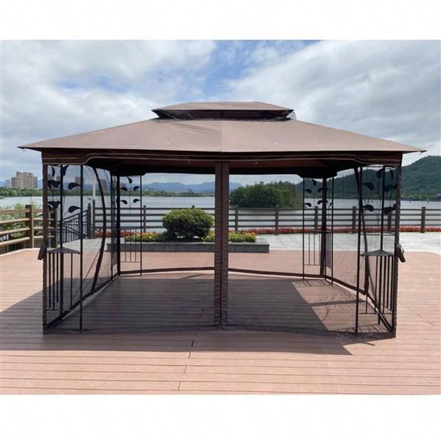 13x10 Outdoor Patio Gazebo Canopy Tent With Ventilated Double Roof And Mosquito netDetachable Mesh Screen On All SidesSuitable Lawn, Garden, Backyard and Deck, Brown Top