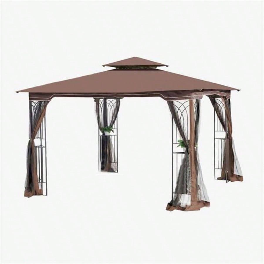 10x10 Outdoor Patio Gazebo Canopy Tent With Ventilated Double Roof And Mosquito netDetachable Mesh Screen On All SidesSuitable Lawn, Garden, Backyard and Deck, Brown Top