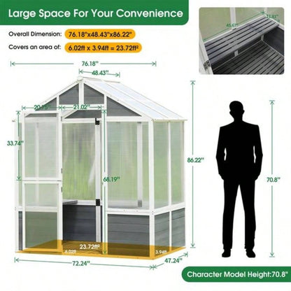 Greenhouse, Wooden Greenhouse Polycarbonate Garden Shed Plants, 7639; 39; 4839; 39; 8639; 39; Walk - in Outdoor Plant Gardening Greenhouse Patio Backyard Lawn, Grow House with Front Entry Door