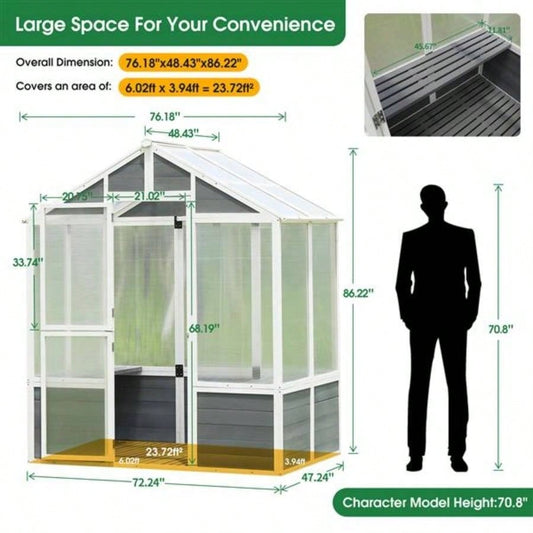 Greenhouse, Wooden Greenhouse Polycarbonate Garden Shed Plants, 7639; 39; 4839; 39; 8639; 39; Walk - in Outdoor Plant Gardening Greenhouse Patio Backyard Lawn, Grow House with Front Entry Door