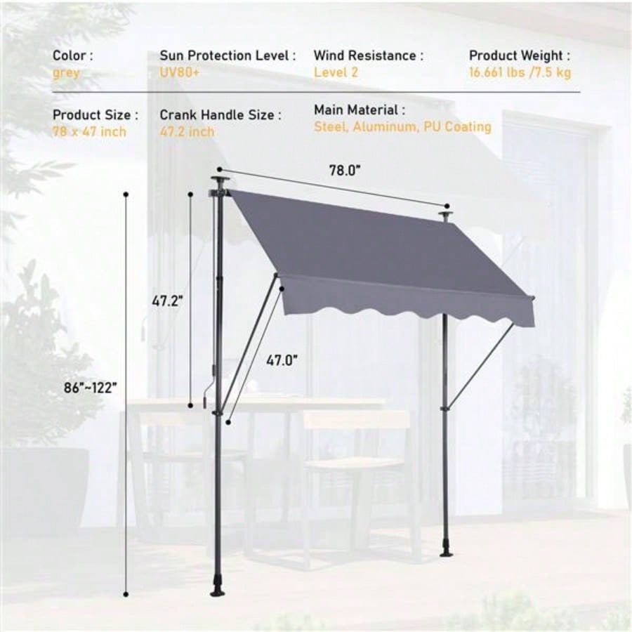 Manual Retractable Awning - 7839; 39; Non - Screw Outdoor Shade Cover with - Polyester Made Outdoor Canopy Adjustable Patio Door Window Awning Canopy Shade Curtain Backyard, Gary