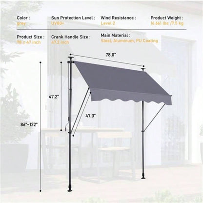 Manual Retractable Awning - 7839; 39; Non - Screw Outdoor Shade Cover with - Polyester Made Outdoor Canopy Adjustable Patio Door Window Awning Canopy Shade Curtain Backyard, Gary