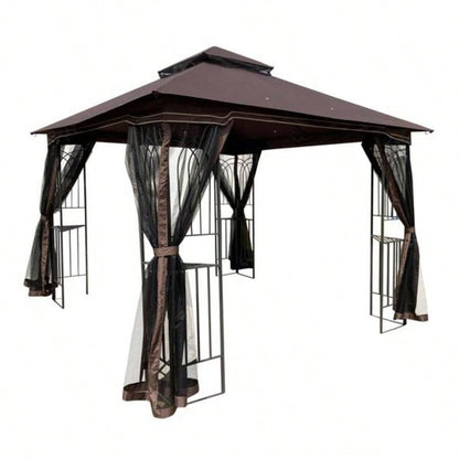 10x10 Outdoor Patio Gazebo Canopy Tent With Ventilated Double Roof And Mosquito netDetachable Mesh Screen On All SidesSuitable Lawn, Garden, Backyard and Deck, Brown Top