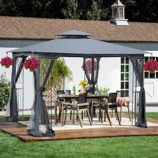 10x10 Outdoor Patio Gazebo Canopy Tent With Ventilated Double Roof And Mosquito netDetachable Mesh Screen On All SidesSuitable Lawn, Garden, Backyard and Deck, Gray Top