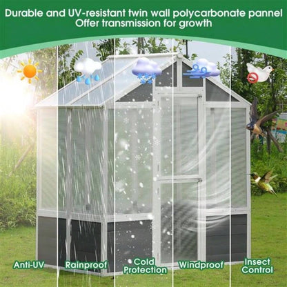 Greenhouse, Wooden Greenhouse Polycarbonate Garden Shed Plants, 7639; 39; 4839; 39; 8639; 39; Walk - in Outdoor Plant Gardening Greenhouse Patio Backyard Lawn, Grow House with Front Entry Door