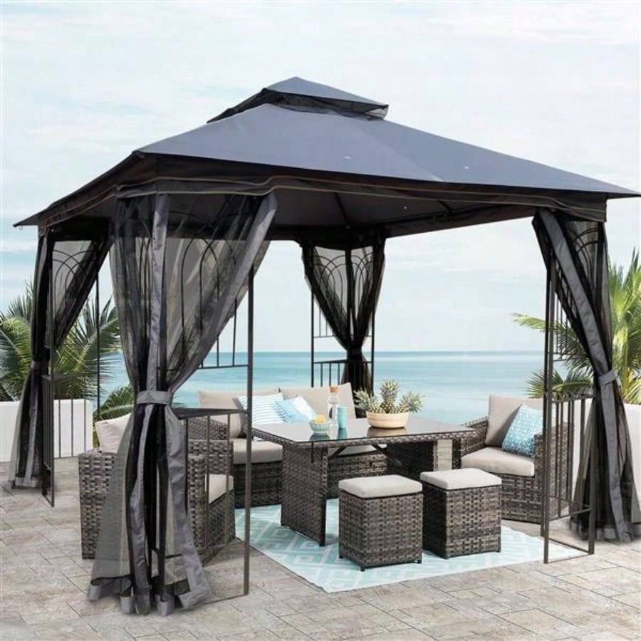 10x10 Outdoor Patio Gazebo Canopy Tent With Ventilated Double Roof And Mosquito netDetachable Mesh Screen On All SidesSuitable Lawn, Garden, Backyard and Deck, Gray Top