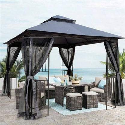 10x10 Outdoor Patio Gazebo Canopy Tent With Ventilated Double Roof And Mosquito netDetachable Mesh Screen On All SidesSuitable Lawn, Garden, Backyard and Deck, Gray Top