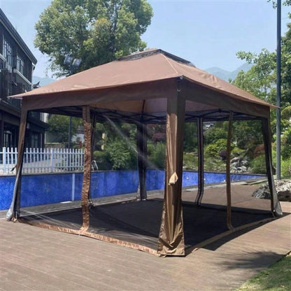 Outdoor 11x 11Ft Up Gazebo Canopy With Removable Zipper Netting, 2 - Tier Soft Top Event Tent, Suitable Patio Backyard Garden Camping Area with 4 Sandbags, Brown