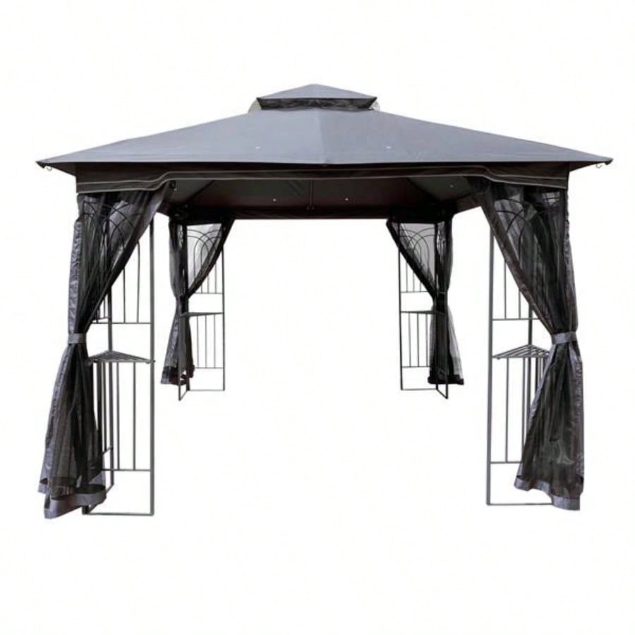 10x10 Outdoor Patio Gazebo Canopy Tent With Ventilated Double Roof And Mosquito netDetachable Mesh Screen On All SidesSuitable Lawn, Garden, Backyard and Deck, Gray Top