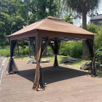 Outdoor 11x 11Ft Up Gazebo Canopy With Removable Zipper Netting, 2 - Tier Soft Top Event Tent, Suitable Patio Backyard Garden Camping Area with 4 Sandbags, Brown