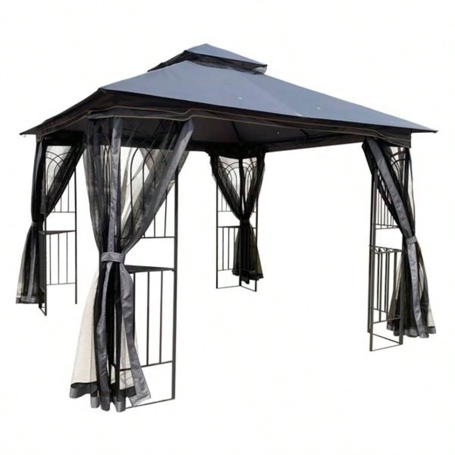 10x10 Outdoor Patio Gazebo Canopy Tent With Ventilated Double Roof And Mosquito netDetachable Mesh Screen On All SidesSuitable Lawn, Garden, Backyard and Deck, Gray Top