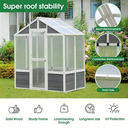 Greenhouse, Wooden Greenhouse Polycarbonate Garden Shed Plants, 7639; 39; 4839; 39; 8639; 39; Walk - in Outdoor Plant Gardening Greenhouse Patio Backyard Lawn, Grow House with Front Entry Door